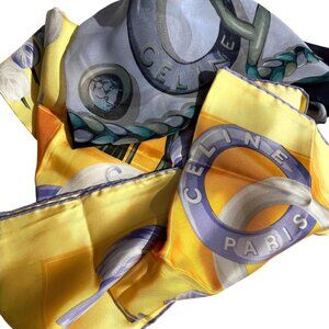 Set of 2 CELINE Multicolor Silk Scarfs Vibrant Yellow Floral Equestrian Blue